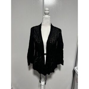 Lucky Brand Black Open Knit Pointelle Tie Front Cardigan Sweater Womens Large